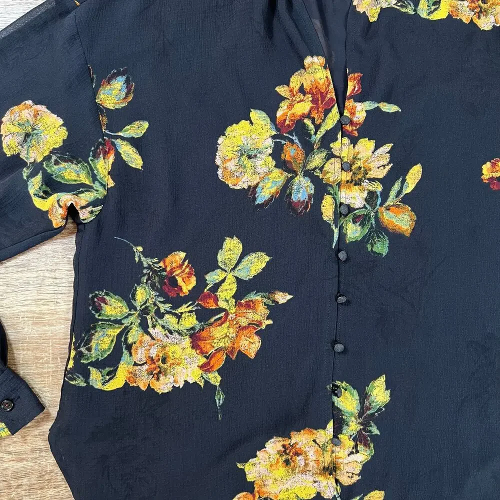 Pilcro Anthropologie Tavi Buttondown Blouse Floral Black Date Night Nice Sheer